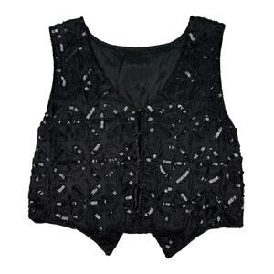 Vintage Sequin Beaded Black Sleeveless Vest Top 80's 90s Y2K Glam